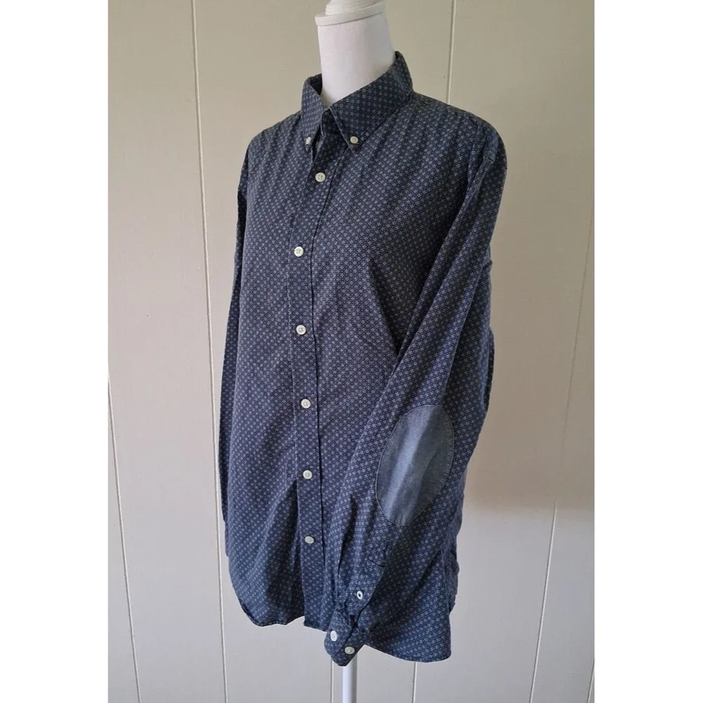 Banana Republic Mens Large Tailored Slim Fit Elbow Patch Button Front Shirt Blue